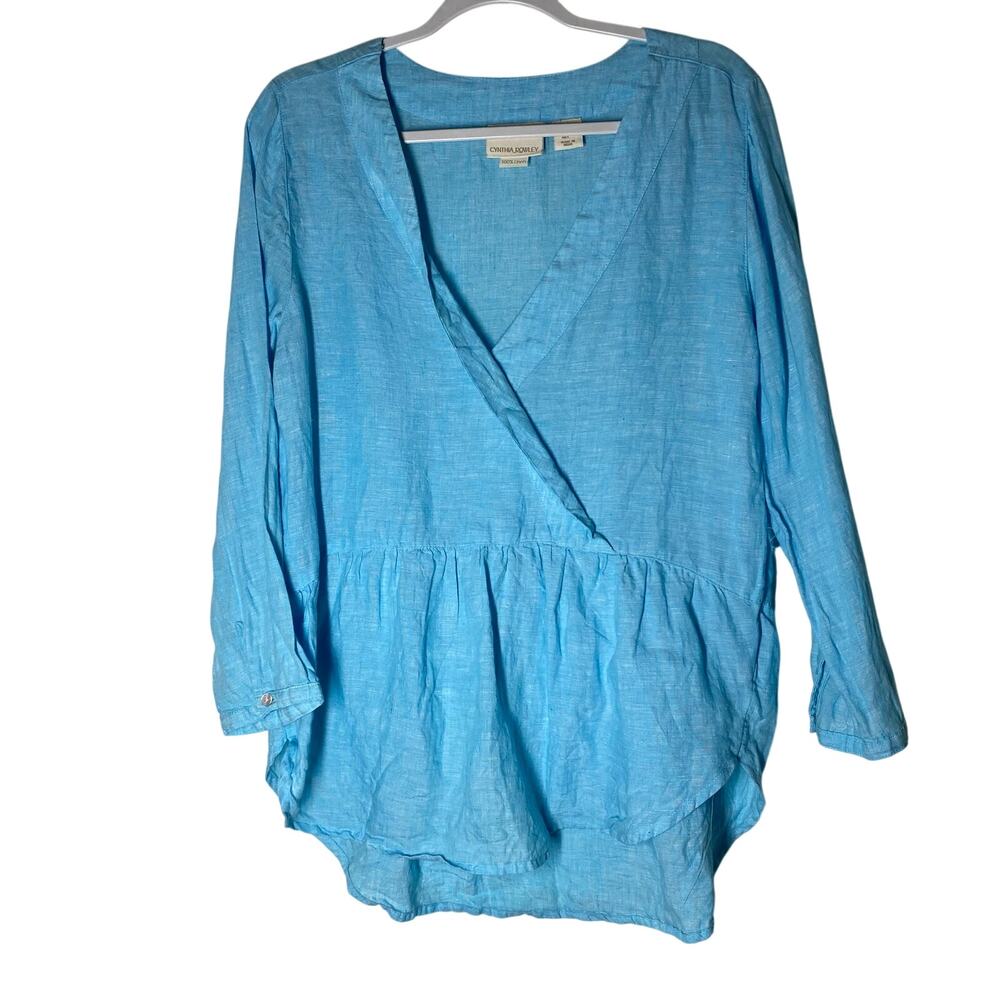 Linen Blouse Blue Cynthia Rowley Faux Wrap Peplum Top Womens Size Large